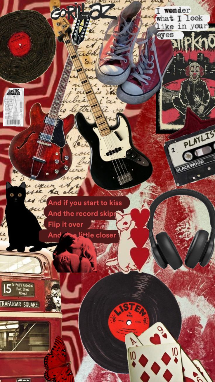 a collage of music related items including an old record player, headphones and a red bus