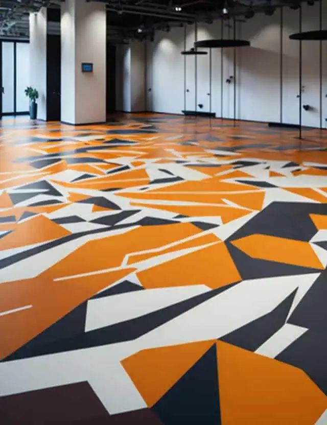 an orange and black floor with white walls