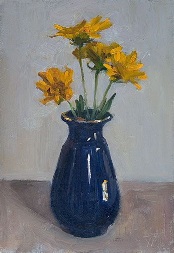 a painting of yellow flowers in a blue vase