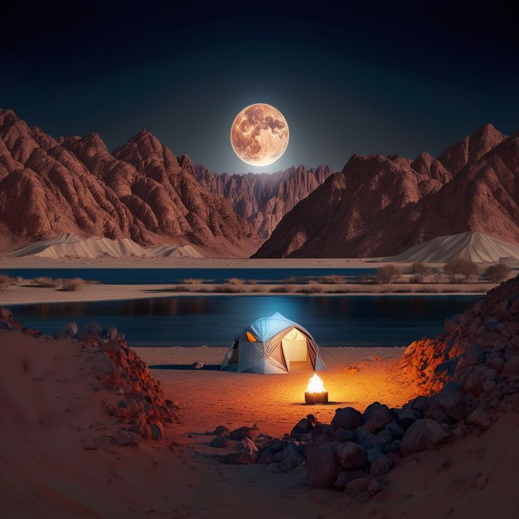 a tent is set up in the desert at night with a full moon behind it