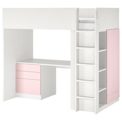 a white loft bed with pink drawers and shelves on the bottom level, against a white background