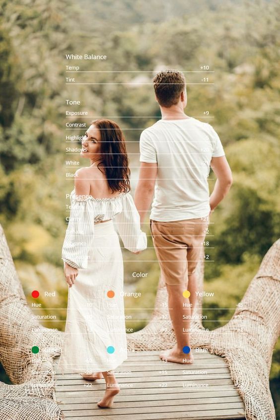 a man and woman standing on top of a wooden bridge in the woods with their names