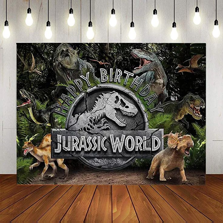 an image of a dinosaur birthday party backdrop with dinosaurs in the background and a sign that says, happy birthday to the jurasic world