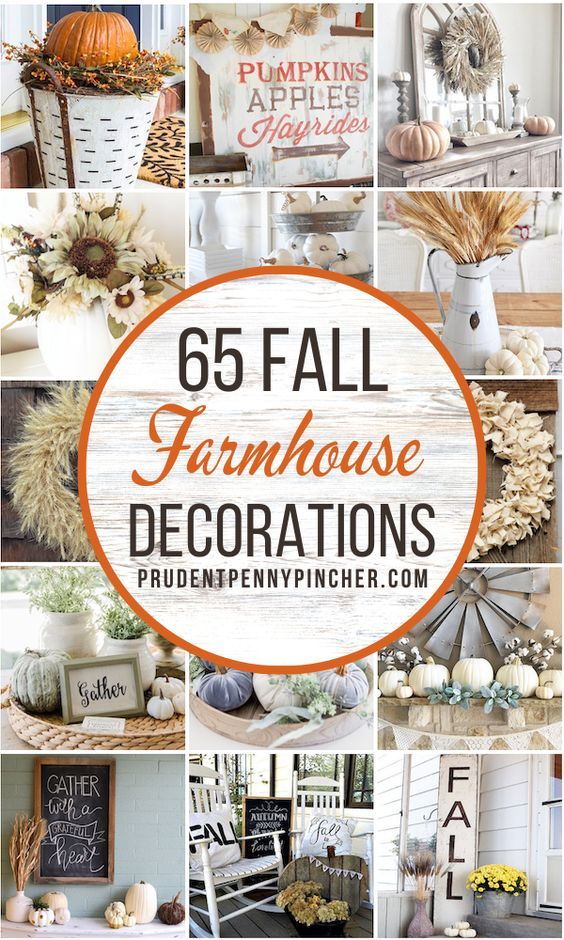 a collage of farmhouse decor with pumpkins and other fall decorations in the background