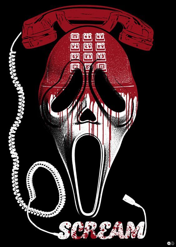 a red and black poster with an image of a screaming phone on it's face