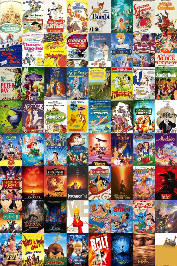 many different movie posters are shown together in this collage, with one being an animated character