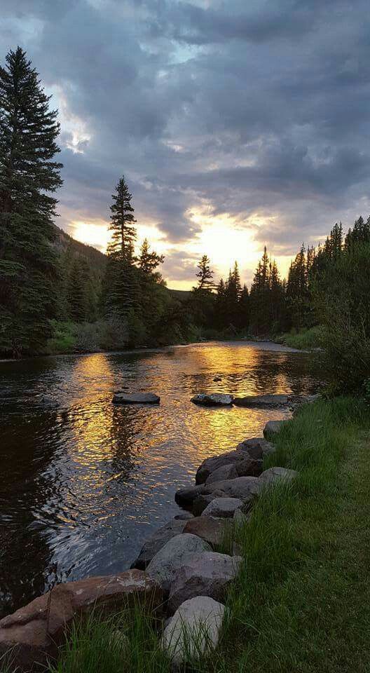 the sun is setting over a river with rocks and grass on both sides, along with pine trees in the background