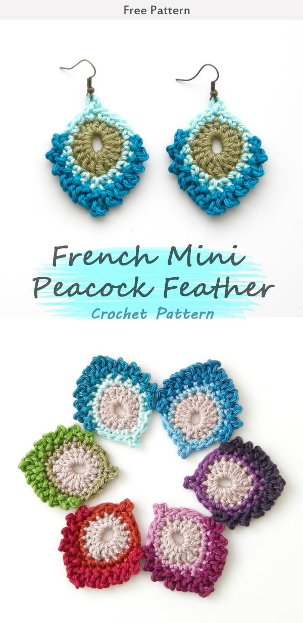 crochet earrings with the words french mini peacock feather