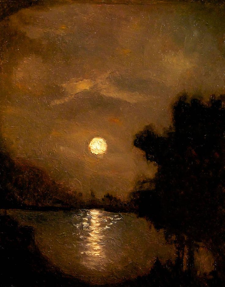 an oil painting of the moon setting over water with trees and clouds in the background