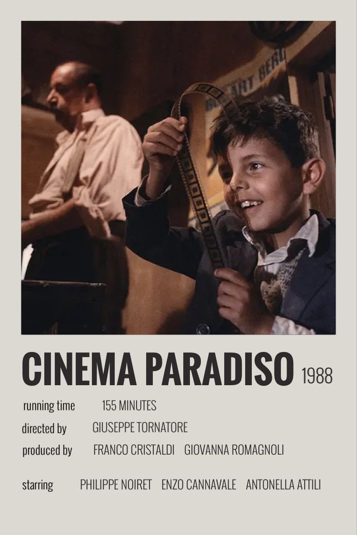 the poster for cinema paradiso is shown with an image of a boy holding a guitar