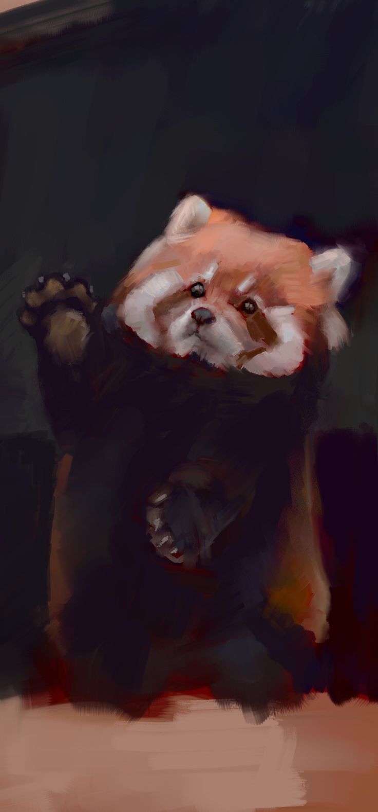 a painting of a red panda bear with its paws in the air and eyes closed