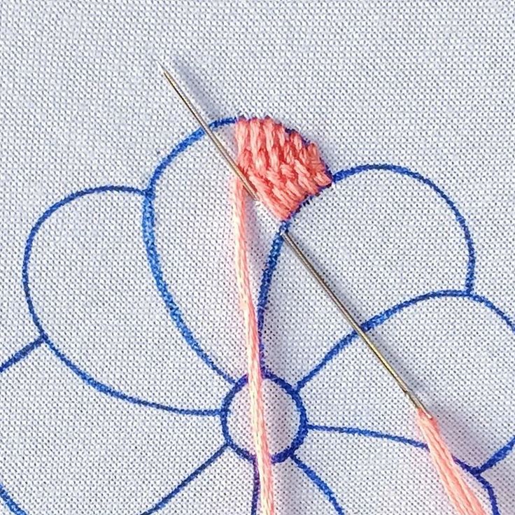 two knitting needles are hooked up to some thread on a piece of fabric with blue circles in the background