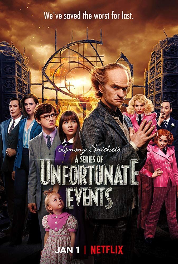 a movie poster for the upcoming series of unfortunate events, starring actors from various eras