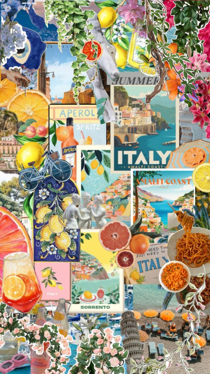 a collage of various pictures with flowers and fruit on them, including oranges