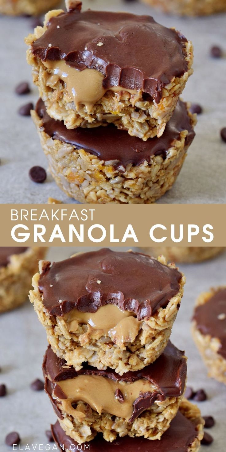 chocolate covered granola cups are stacked on top of each other with the words, breakfast granola cups