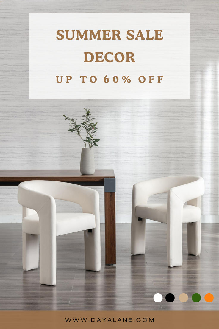 two white chairs sitting next to a table with a vase on it and the words summer sale decor up to 60 % off