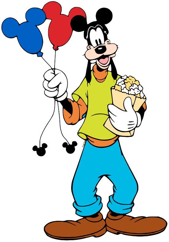 a cartoon character holding some balloons in his hand and eating popcorn on the other side