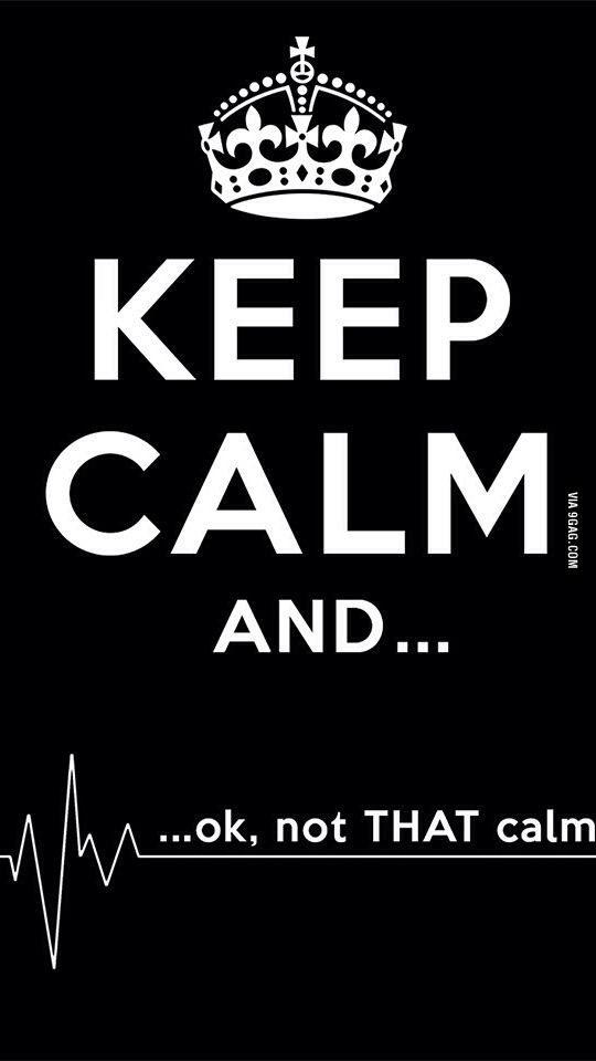 the words keep calm and ok, not that calm are written in white on a black background