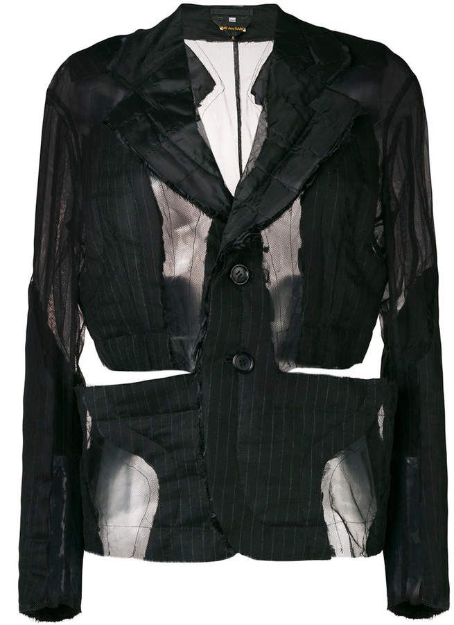 a black jacket with sheer sleeves and buttons
