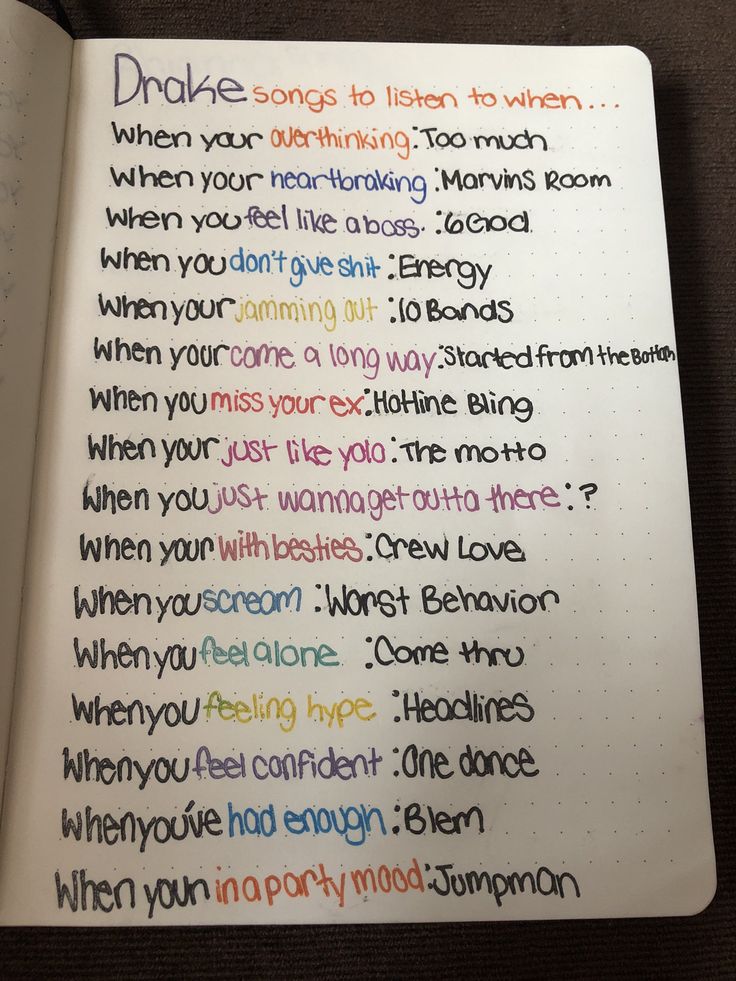 an open notebook with writing on it and the words written in different colors are shown