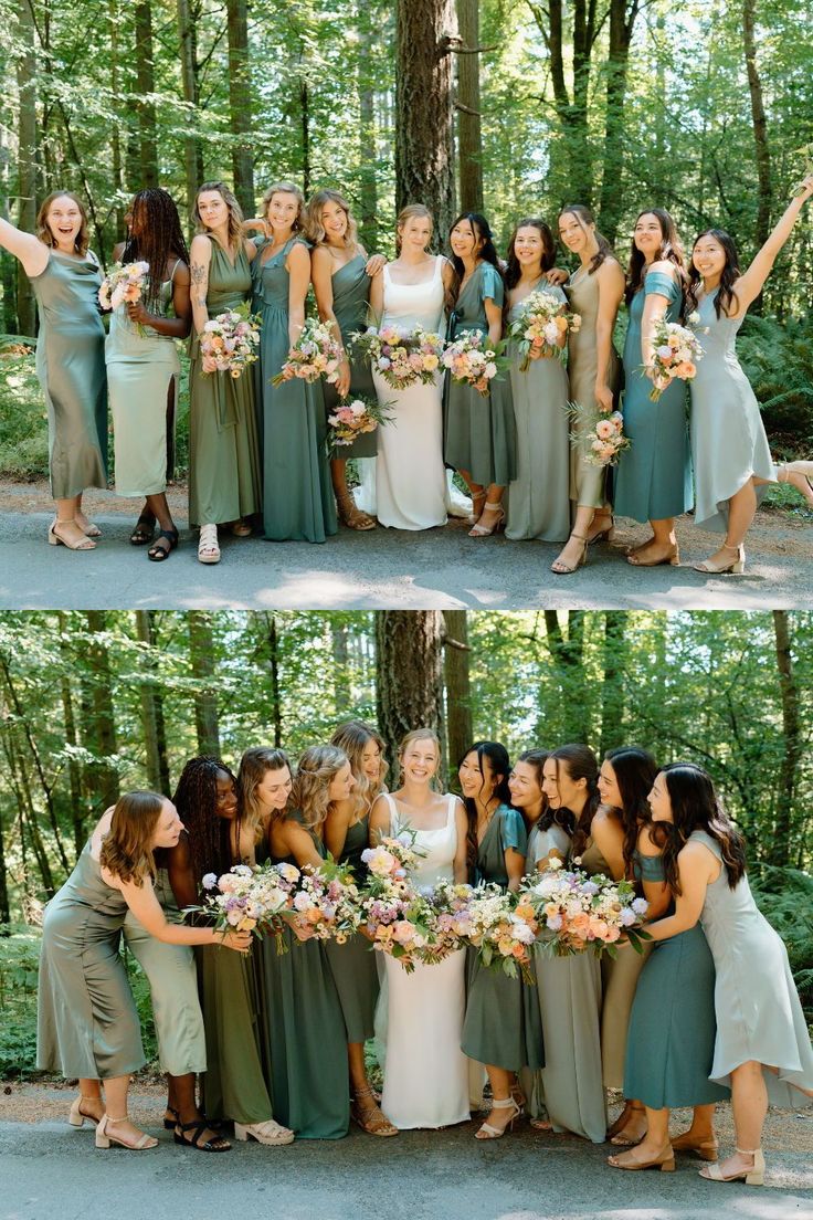 the bride and her bridal party are posing for pictures in the woods with their bouquets