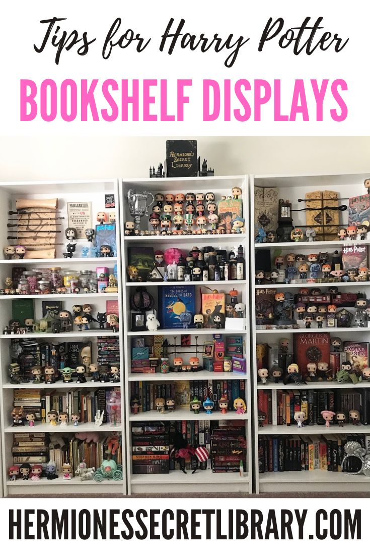 bookshelf displays with text overlay that reads tips for harry potter bookshelf displays