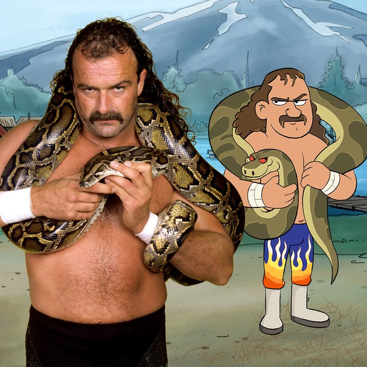 a man holding a snake in front of a cartoon character with an evil look on his face