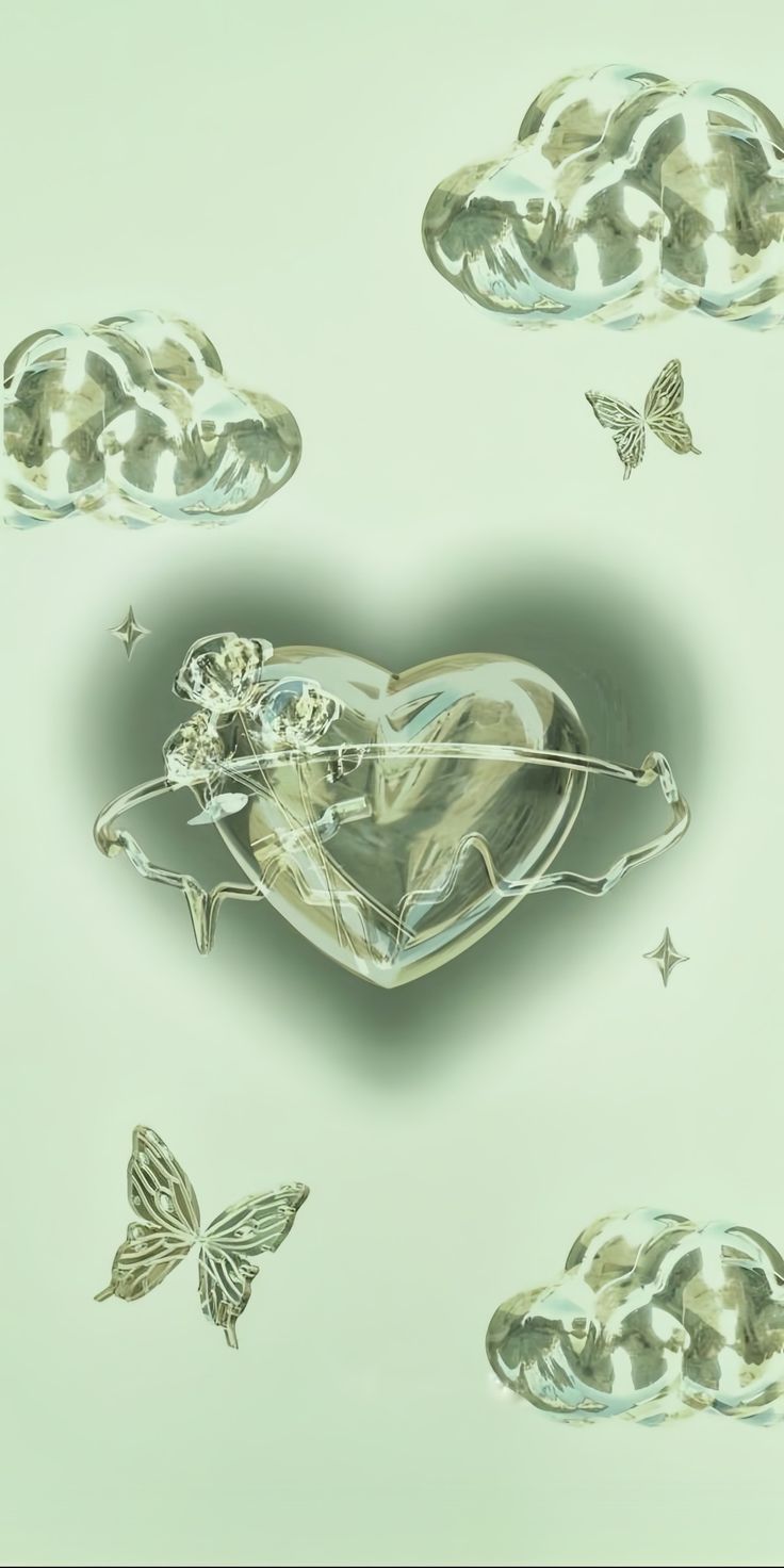 a heart shaped object surrounded by butterflies and clouds in the shape of a human body