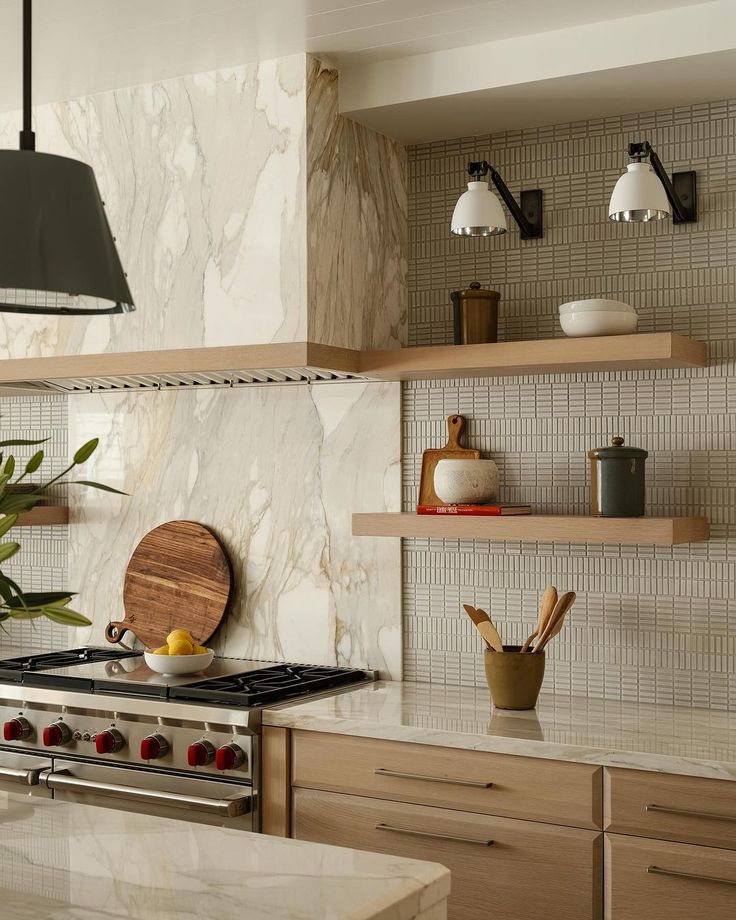 a stove top oven sitting inside of a kitchen next to wooden cabinets and counter tops