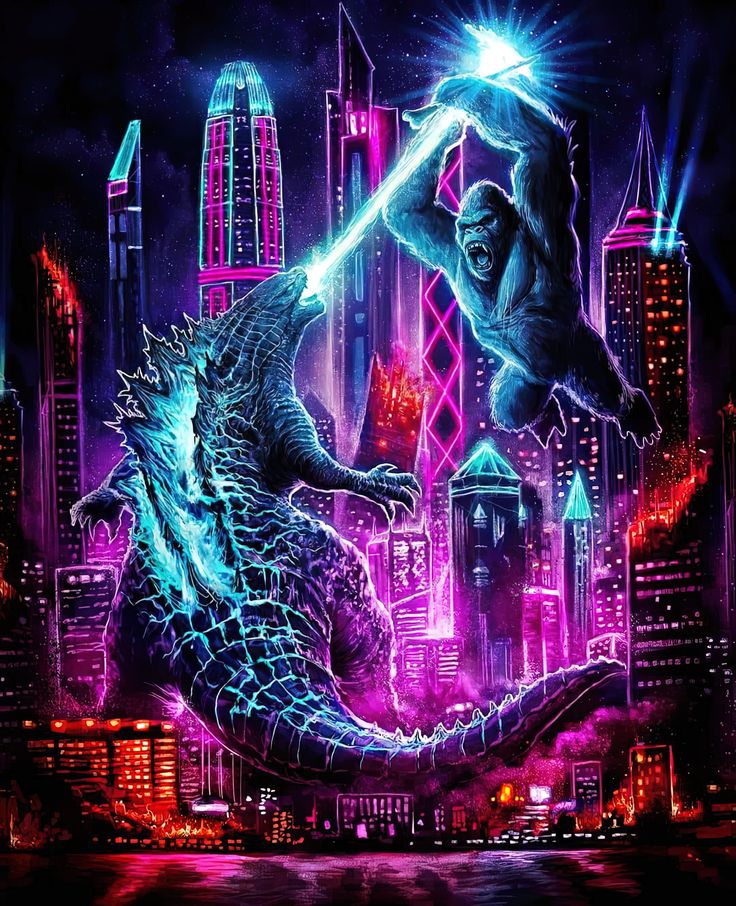 godzilla in the middle of a city with neon lights on it's face and head