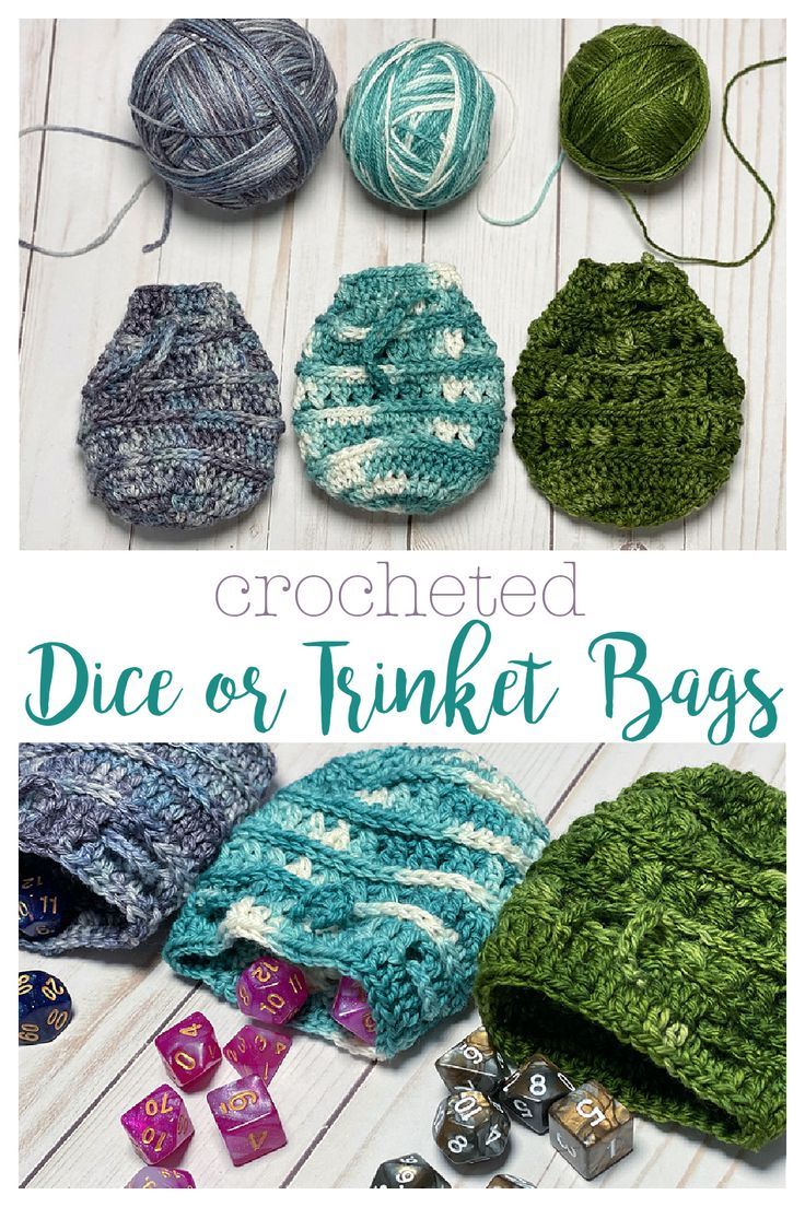 crocheted dice or trinket bags with text overlay