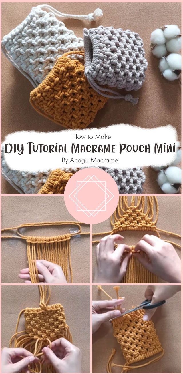 the instructions for making a crocheted macrame pouch with yarn and cotton balls