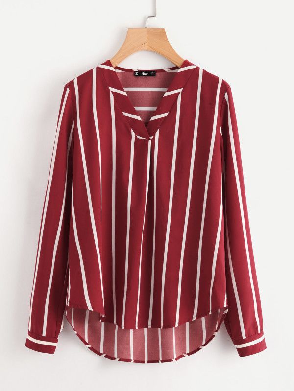 V-Placket Curved Dip Hem Blouse -SheIn(Sheinside) Striped Chiffon Blouse, Dip Hem Blouse, Model Jeans, Projek Menjahit, Chiffon Tops Blouses, Multi Color Blouse, Hem Blouse, Long Sleeve Striped Top, Button Top