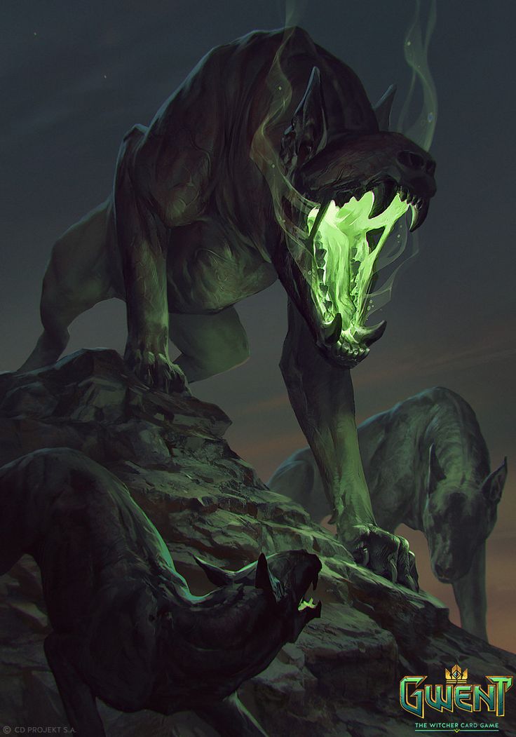 an alien like creature with glowing green eyes and fangs on its face, standing next to other animals