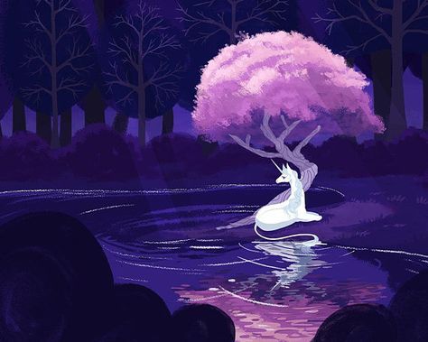 a painting of a white deer sitting in the water under a tree with pink leaves