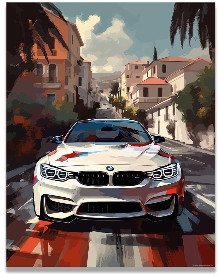 a painting of a white car driving down the road