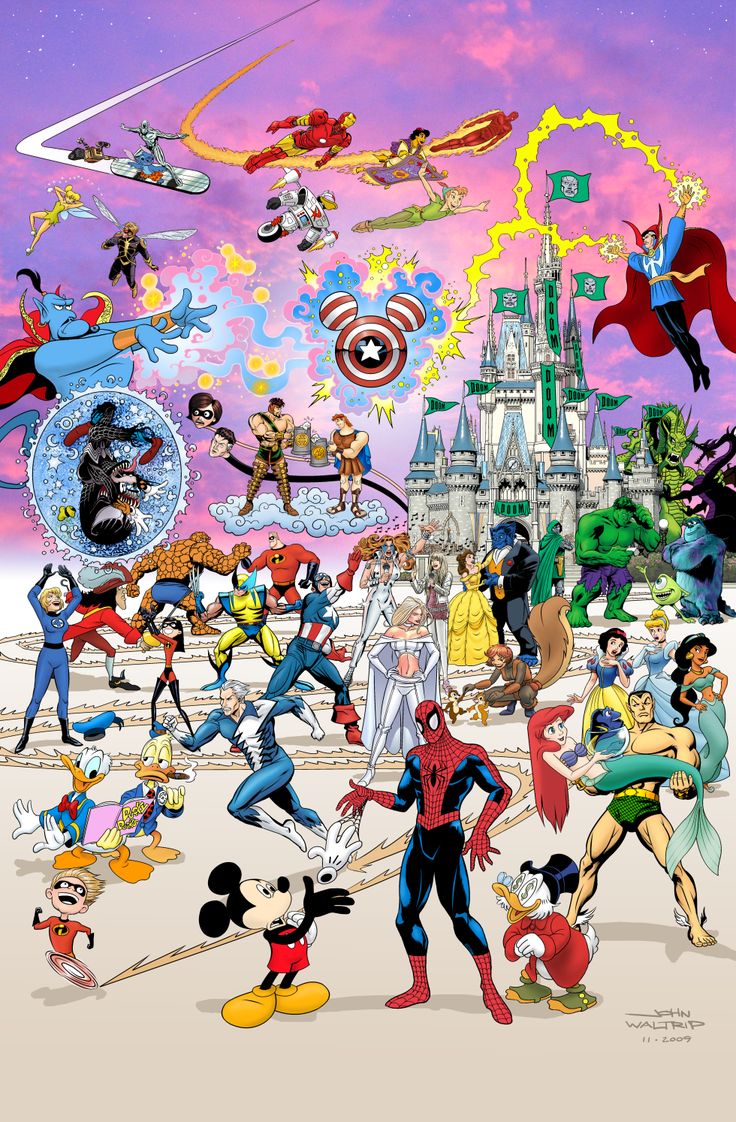 an image of cartoon characters in front of a castle with many other disney characters around them