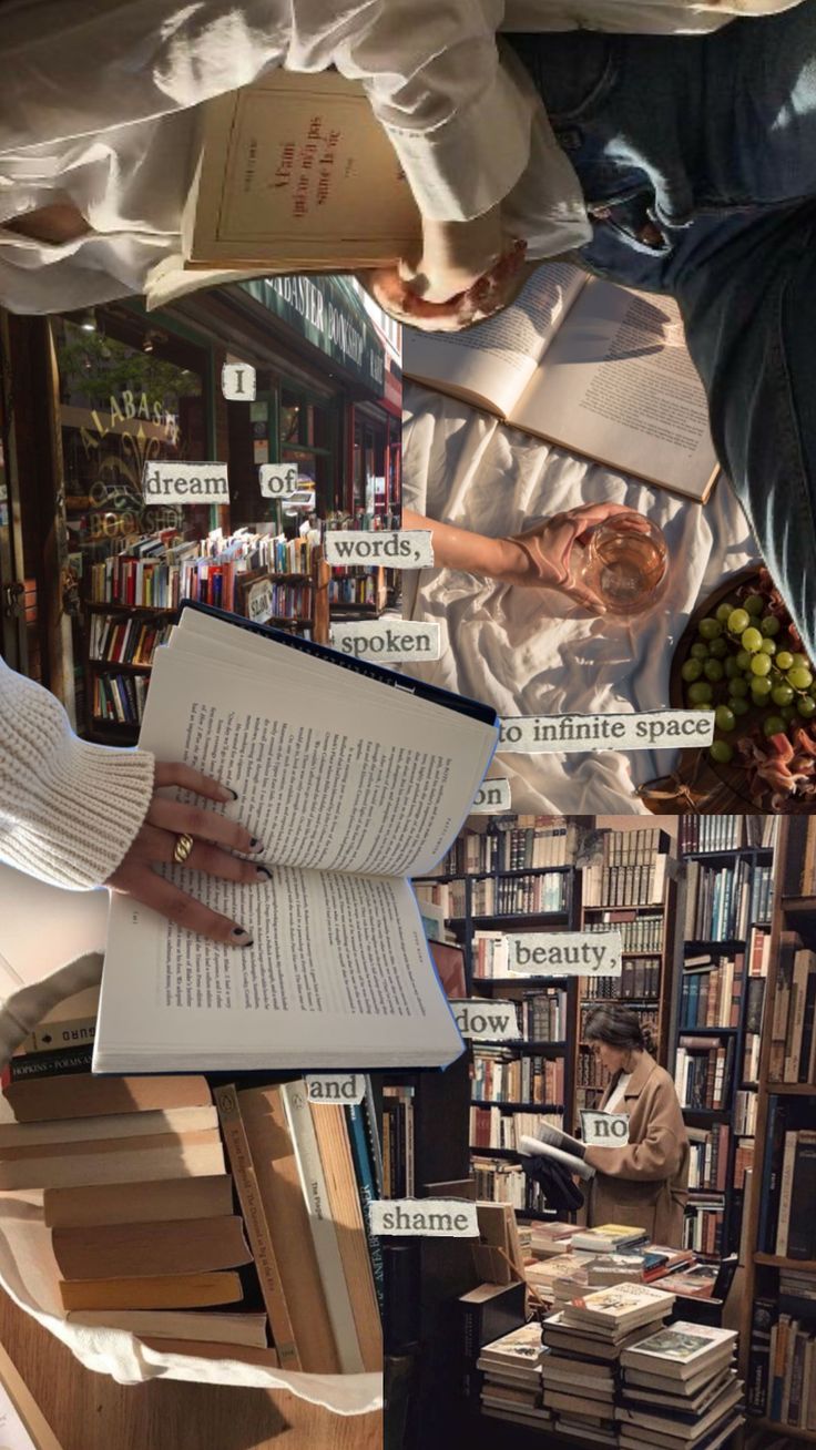 a collage of books and people reading