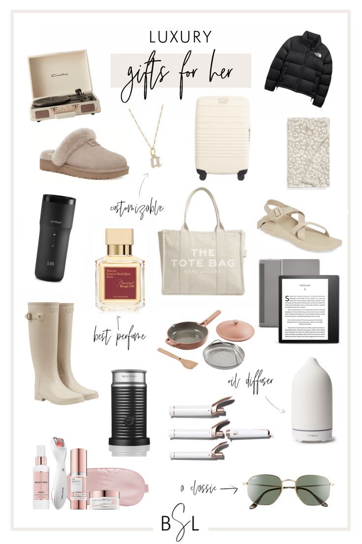 the luxury gift guide for her is shown in white and black, with text overlaying