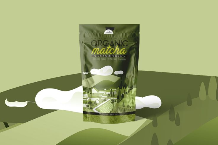 a bag of organic matcha sitting on top of a green table with white clouds