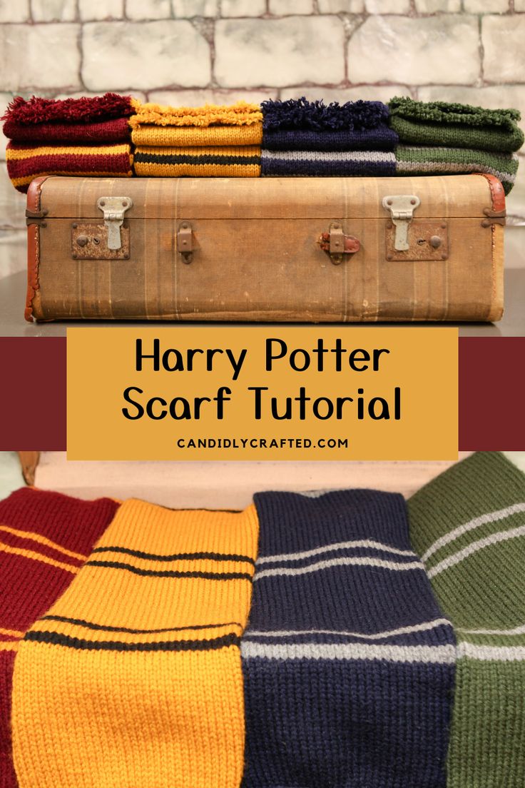 the harry potter scarf is sitting on top of an old suitcase