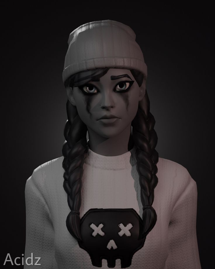 an animated image of a woman with long braids and a skull on her chest