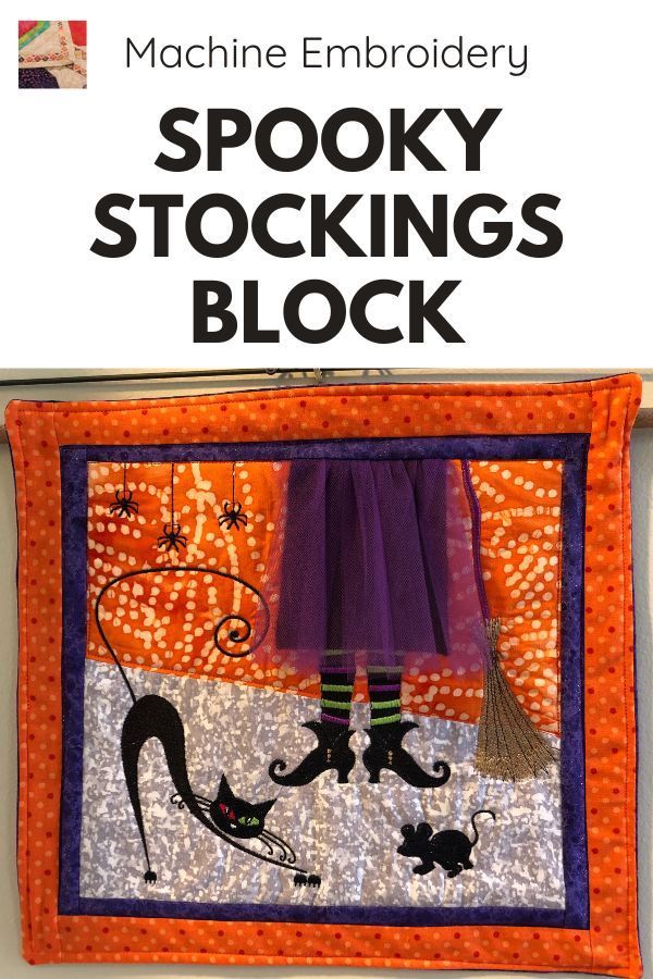 the front cover of machine embroidery spooky stockings block, with an image of a woman in a purple dress