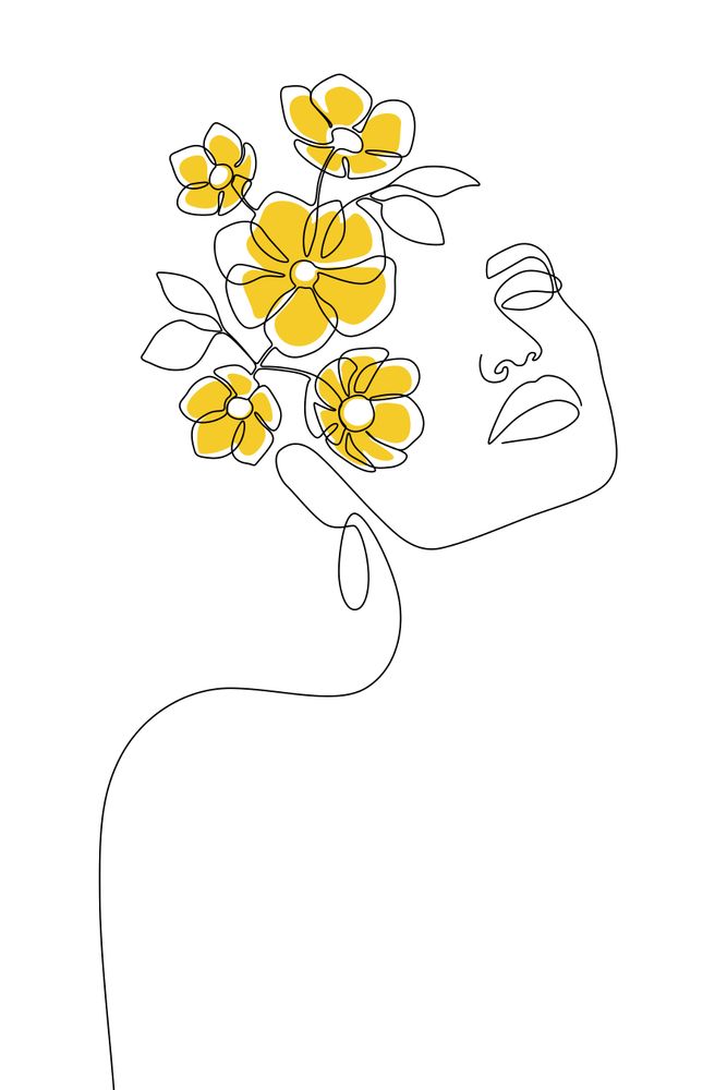 a line drawing of a woman's face with flowers in her hair