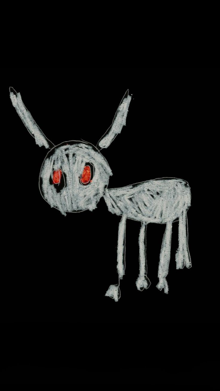 a drawing of a creepy looking creature with red eyes and legs, on a black background