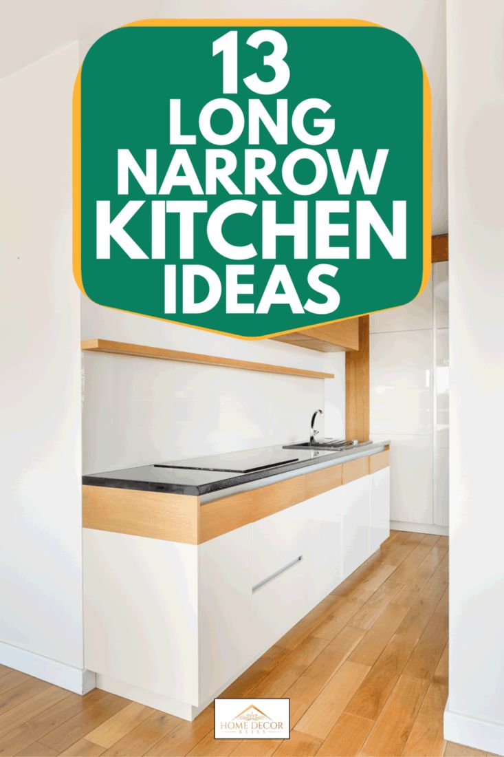 a kitchen with the words 13 long narrow kitchen ideas in green and white above it