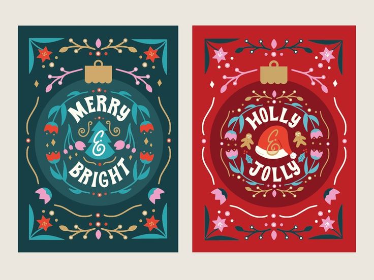 two christmas cards with the words merry and holly