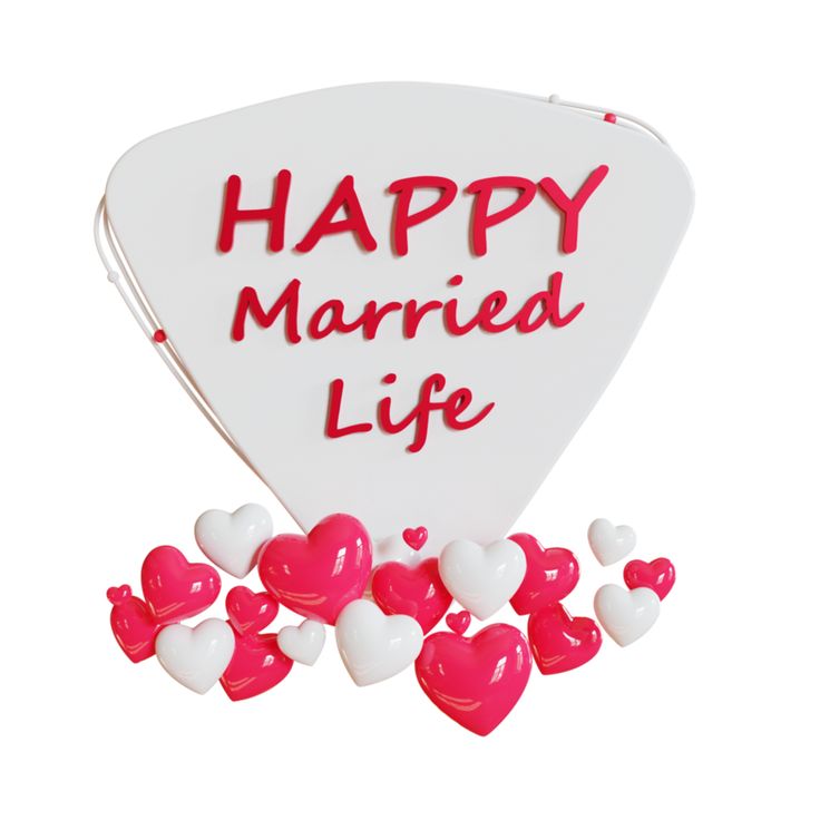 a happy married life sign surrounded by heart candies on a white background with the words'happy married life'written in red