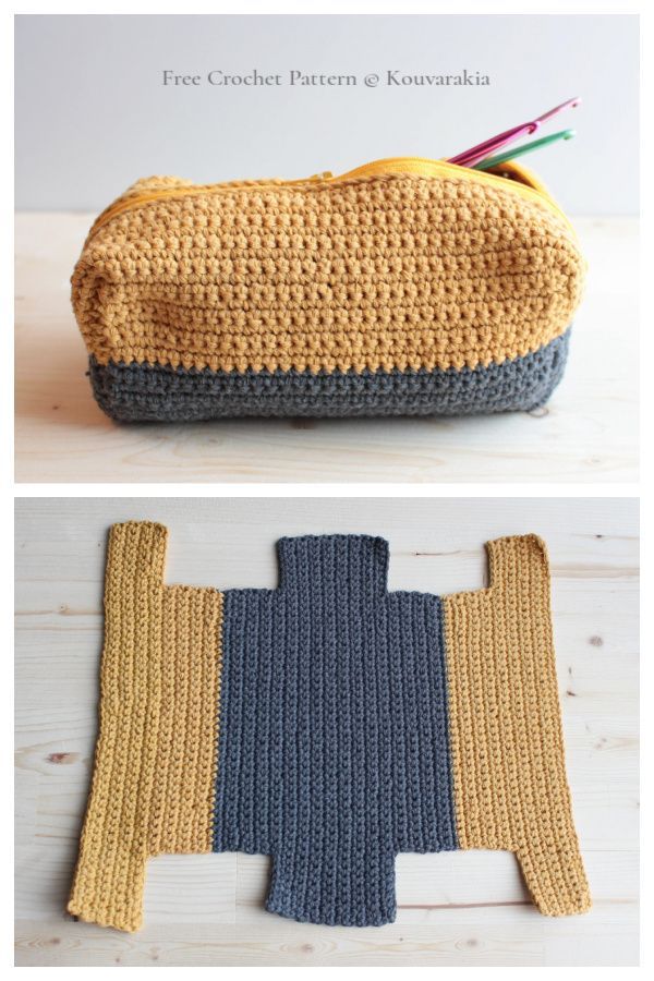 crocheted purses made with two different colors and sizes, one is yellow and the other is blue