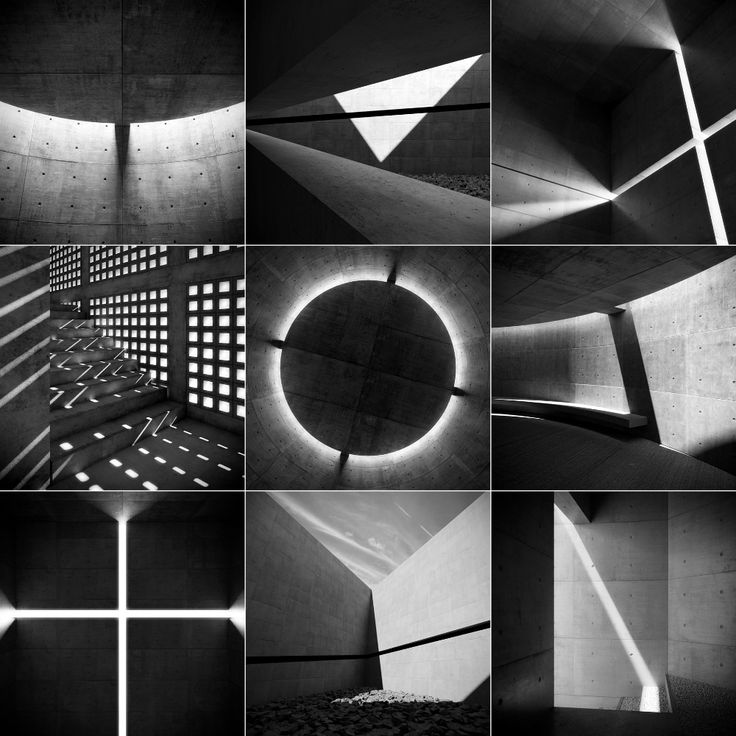 black and white images of the inside of a building with light coming from it's windows